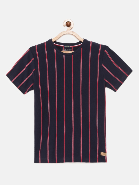 

Indian Terrain Boys Navy Blue Pink Striped Round Neck Pure Cotton T-shirt