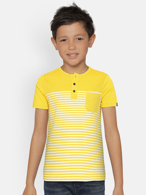 

Indian Terrain Boys Yellow White Striped Henley Neck Pure Cotton T-shirt