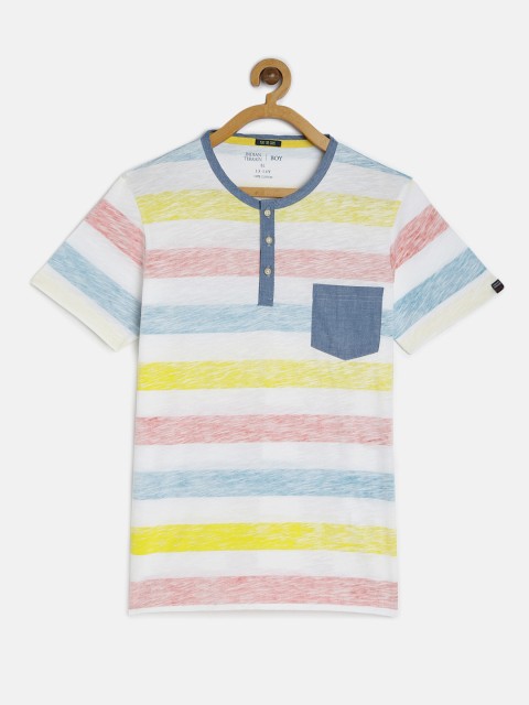 

Indian Terrain Boys White Blue Striped Pure Cotton Henley Neck Pure Cotton T-shirt