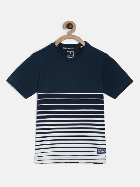 

Indian Terrain Boys Navy Blue & Off-White Striped Round Neck T-shirt
