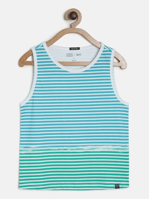 

Indian Terrain Boys Blue & White Striped Round Neck Sleeveless T-shirt