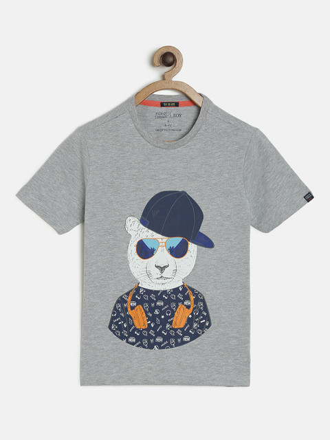 

Indian Terrain Boys Grey Melange Printed Round Neck T-shirt