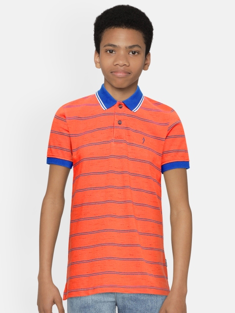 

Indian Terrain Boys Orange Striped Pure Cotton Polo Collar Pure Cotton T-shirt