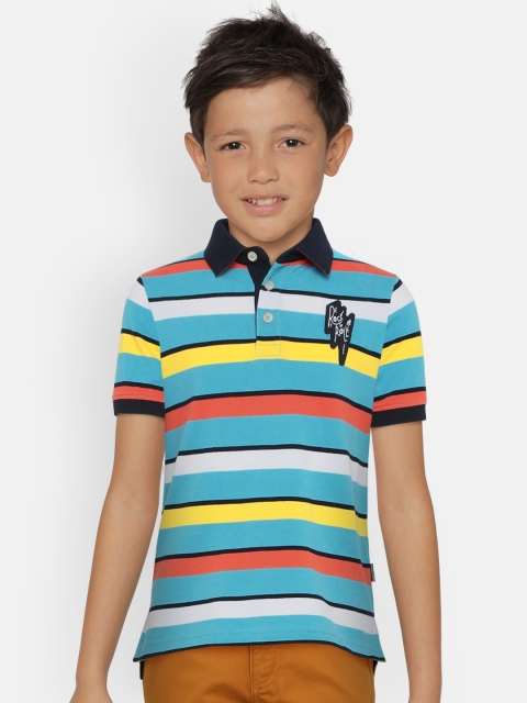 

Indian Terrain Boys Turquoise Blue & White Striped Polo Collar T-shirt