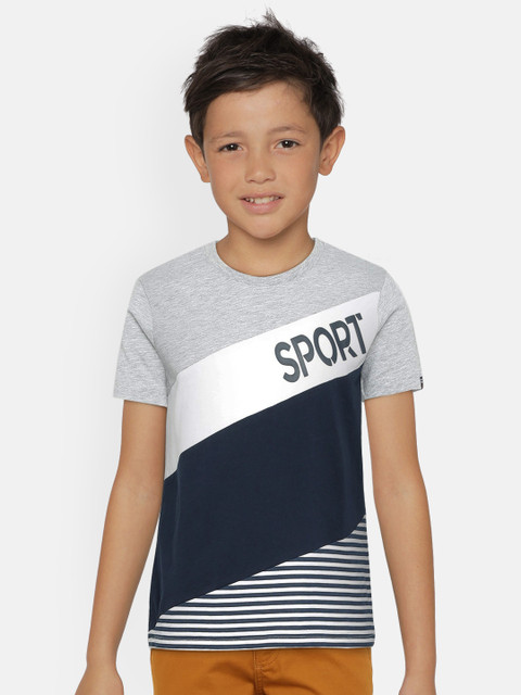 

Indian Terrain Boys Grey Melange & Navy Blue Printed & Striped Round Neck T-shirt