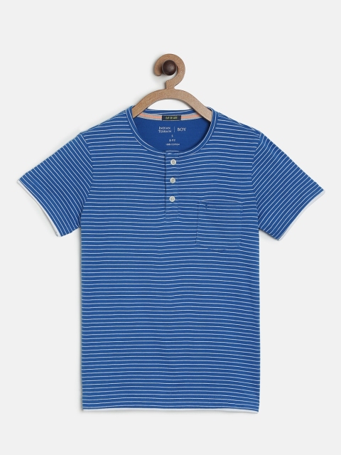 

Indian Terrain Boys Blue White Striped Henley Neck Pure Cotton T-shirt