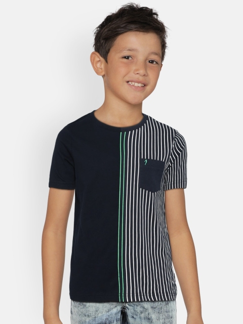 

Indian Terrain Boys Navy Blue Striped Round Neck Pure Cotton T-shirt
