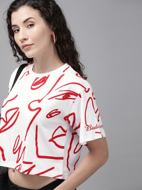 

Budweiser Streetwear Co Women White & Red Printed Cropped Round Neck T-shirt