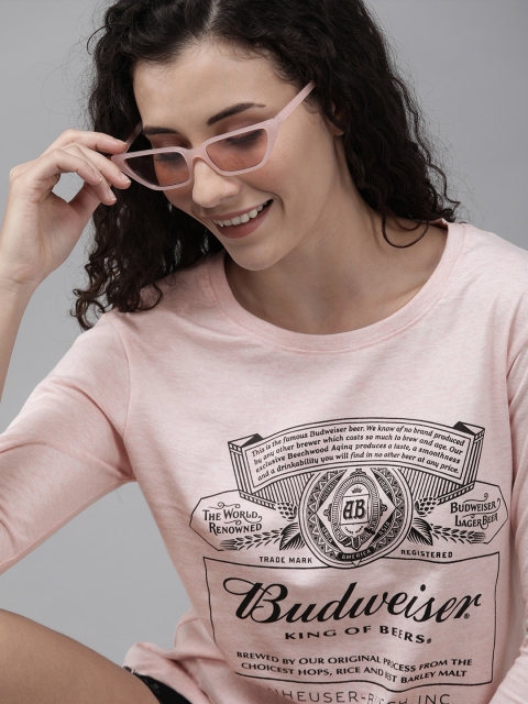 

Budweiser Streetwear Co Women Pink & Navy Blue Printed Round Neck T-shirt