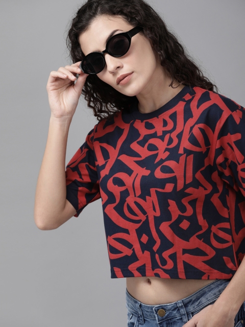 

Budweiser Streetwear Co Women Navy Blue & Red Printed Round Neck Crop T-shirt