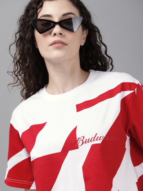 

Budweiser Streetwear Co Women White & Red Printed Cropped Round Neck T-shirt