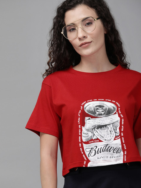 

Budweiser Streetwear Co Women Red & White Printed Round Neck Crop T-shirt