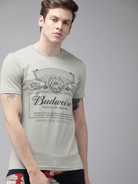 

Budweiser Streetwear Co Men Grey Melange Printed Round Neck T-shirt