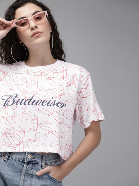 

Budweiser Streetwear Co Women White & Red Printed Cropped Round Neck T-shirt