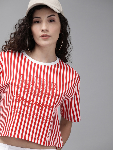 

Budweiser Streetwear Co Women White & Red Striped Cropped Round Neck T-shirt