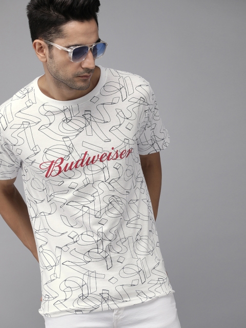 

Budweiser Streetwear Co Unisex White & Navy Blue Printed Round Neck T-shirt