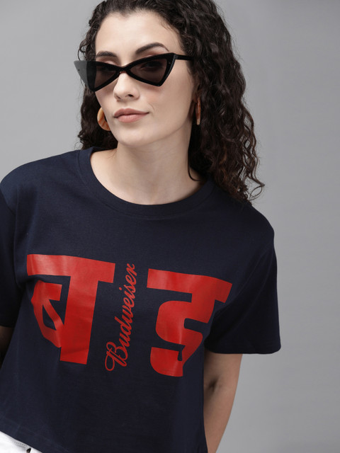 

Budweiser Streetwear Co Women Navy Blue & Red Printed Round Neck Crop T-shirt