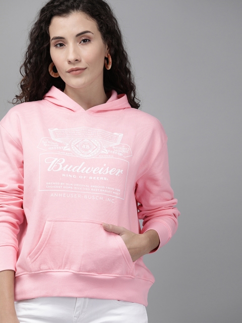 

Budweiser Streetwear Co Women Pink Printed Hooded Sweatshirt