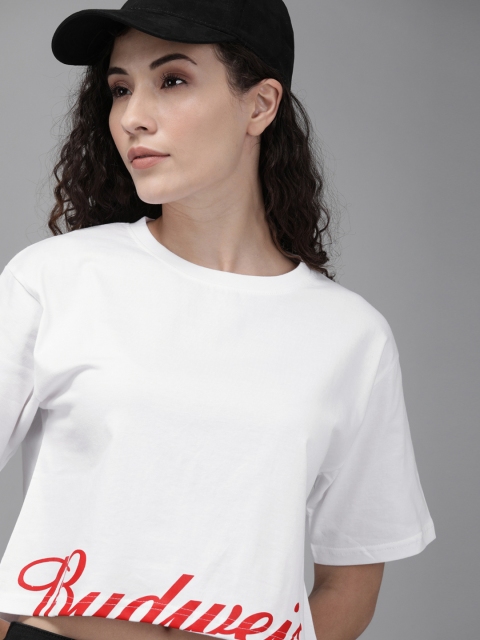 

Budweiser Streetwear Co Women White & Red Printed Round Neck Crop T-shirt
