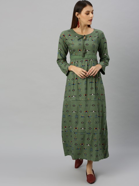 

HERE&NOW Women Olive Green and Blue Printed Maxi Dress with Cut-Out Detail