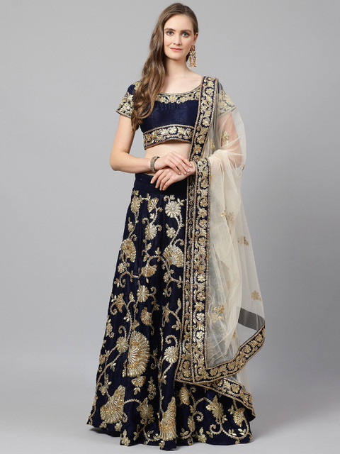 

Readiprint Fashions Navy & Golden Semi-Stitched Lehenga & Unstitched Blouse with Dupatta, Navy blue