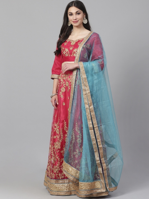 

Readiprint Fashions Pink & Green Embroidered Semi-Stitched Lehenga & Unstitched Blouse with Dupatta