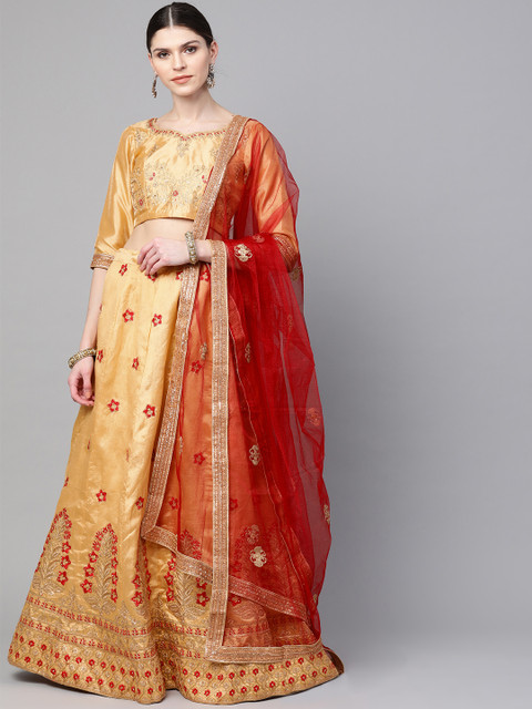

Readiprint Fashions Beige & Red Embroidered Semi-Stitched Lehenga & Unstitched Blouse with Dupatta