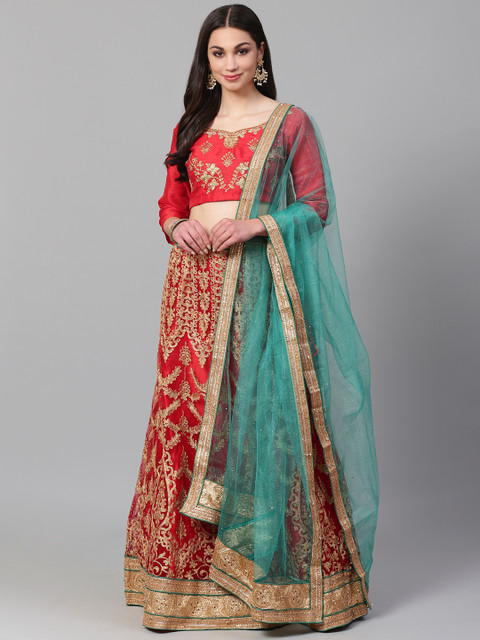 

Readiprint Fashions Red & Gold-Toned Embroidered Semi-Stitched Lehenga & Unstitched Blouse with Dupatta