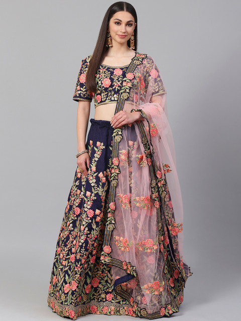 

Readiprint Fashions Navy Blue & Pink Embroidered Semi-Stitched Lehenga & Unstitched Blouse with Dupatta