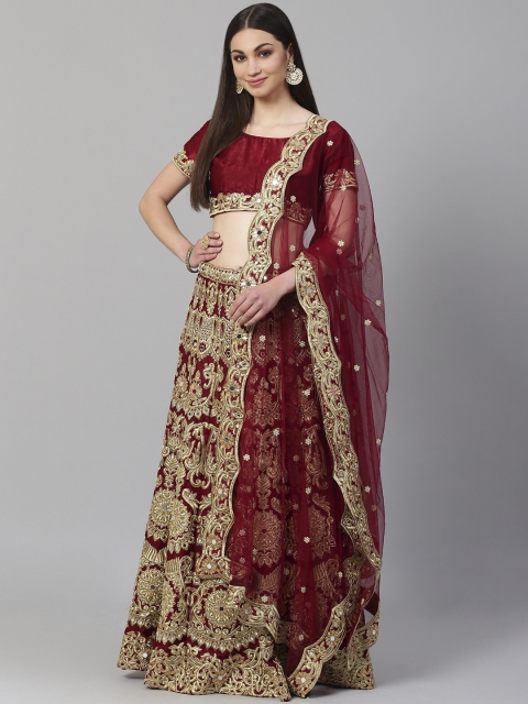 

Readiprint Fashions Maroon & Gold-Toned Solid Semi-Stitched Lehenga & Unstitched Blouse with Dupatta