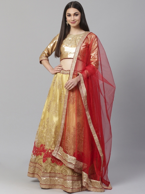 

Readiprint Fashions Beige & Red Embroidered Semi-Stitched Lehenga & Unstitched Blouse with Dupatta