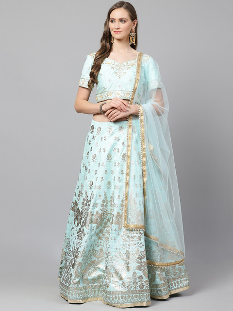 

Readiprint Fashions Blue & Gold-Toned Printed Semi-Stitched Lehenga & Unstitched Blouse with Dupatta