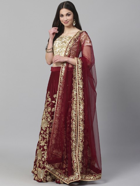 

Readiprint Fashions Maroon & Golden Semi-Stitched Lehenga & Unstitched Blouse with Dupatta