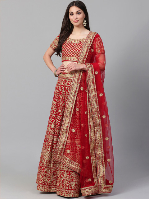 

Readiprint Fashions Red & Golden Semi-Stitched Lehenga & Unstitched Blouse with Dupatta