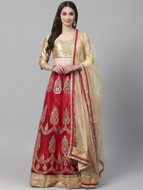 

Readiprint Fashions Red & Golden Semi-Stitched Lehenga & Unstitched Blouse with Dupatta