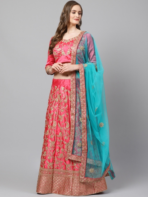 

Readiprint Fashions Pink & Gold-Toned Embroidered Semi-Stitched Lehenga & Unstitched Blouse with Dupatta