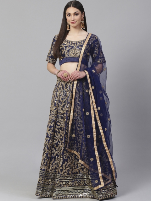 

Readiprint Fashions Navy Blue & Gold-Toned Embroidered Semi-Stitched Lehenga & Unstitched Blouse with Dupatta