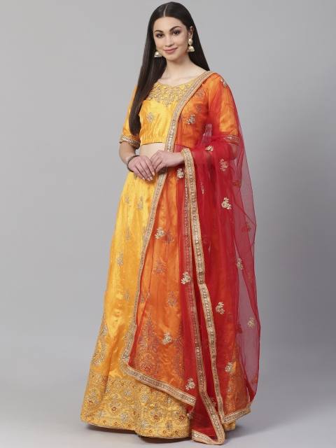 

Readiprint Fashions Orange & Red Embroidered Semi-Stitched Lehenga & Unstitched Blouse with Dupatta