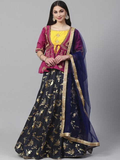 

Readiprint Fashions Blue & Golden Semi-Stitched Lehenga & Unstitched Blouse with Dupatta