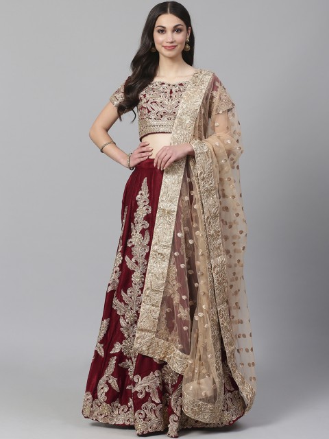 

Readiprint Fashions Maroon & Golden Semi-Stitched Lehenga & Unstitched Blouse with Dupatta