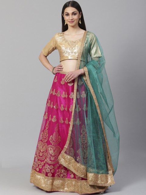 

Readiprint Fashions Pink & Golden Semi-Stitched Lehenga & Unstitched Blouse with Dupatta