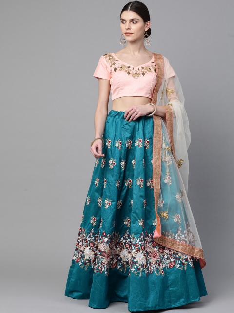 

Readiprint Fashions Turquoise Blue & Peach-Coloured Embroidered Semi-Stitched Lehenga & Unstitched Blouse with Dupatta