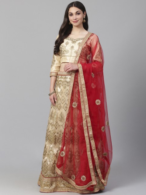 

Readiprint Fashions Beige & Gold-Toned Embroidered Semi-Stitched Lehenga & Unstitched Blouse with Dupatta