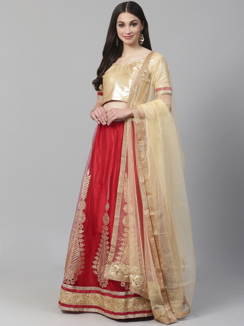 

Readiprint Fashions Red & Gold-Toned Embroidered Semi-Stitched Lehenga & Unstitched Blouse with Dupatta