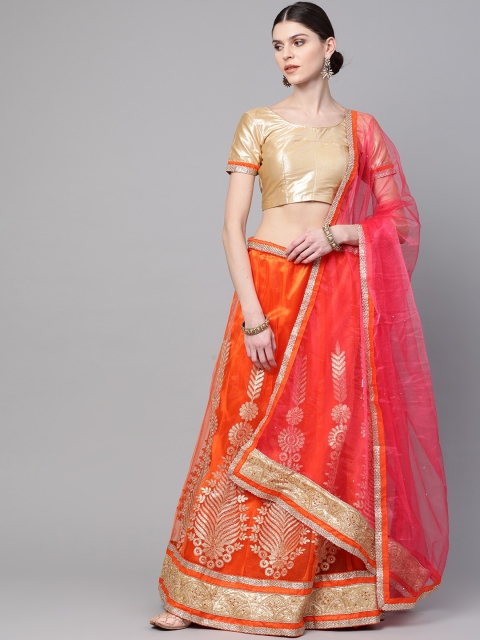 

Readiprint Fashions Orange & Golden Semi-Stitched Lehenga & Unstitched Blouse with Dupatta