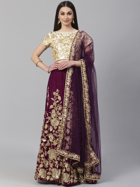 

Readiprint Fashions Purple & Cream-Coloured Embroidered Semi-Stitched Lehenga & Unstitched Blouse with Dupatta