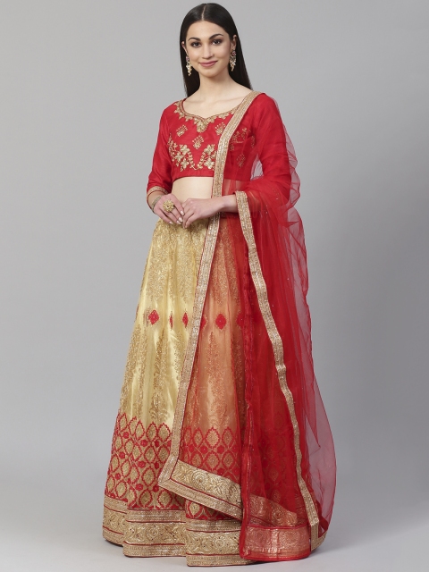 

Readiprint Fashions Gold-Toned & Red Embroidered Semi-Stitched Lehenga & Unstitched Blouse with Dupatta