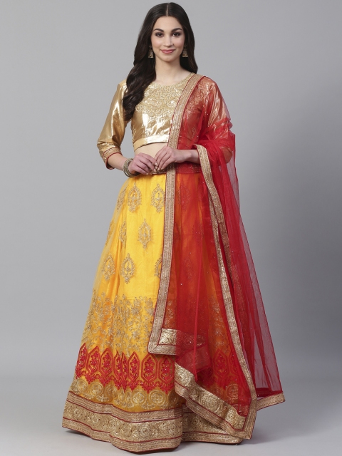 

Readiprint Fashions Yellow & Red Embroidered Semi-Stitched Lehenga & Unstitched Blouse with Dupatta