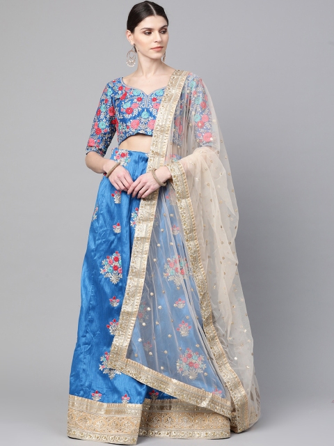 

Readiprint Fashions Blue & Pink Embroidered Semi-Stitched Lehenga & Unstitched Blouse with Dupatta