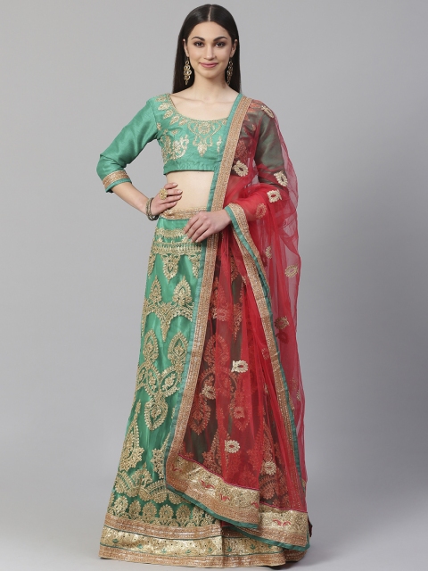 

Readiprint Fashions Green & Gold-Toned Embroidered Semi-Stitched Lehenga & Unstitched Blouse with Dupatta